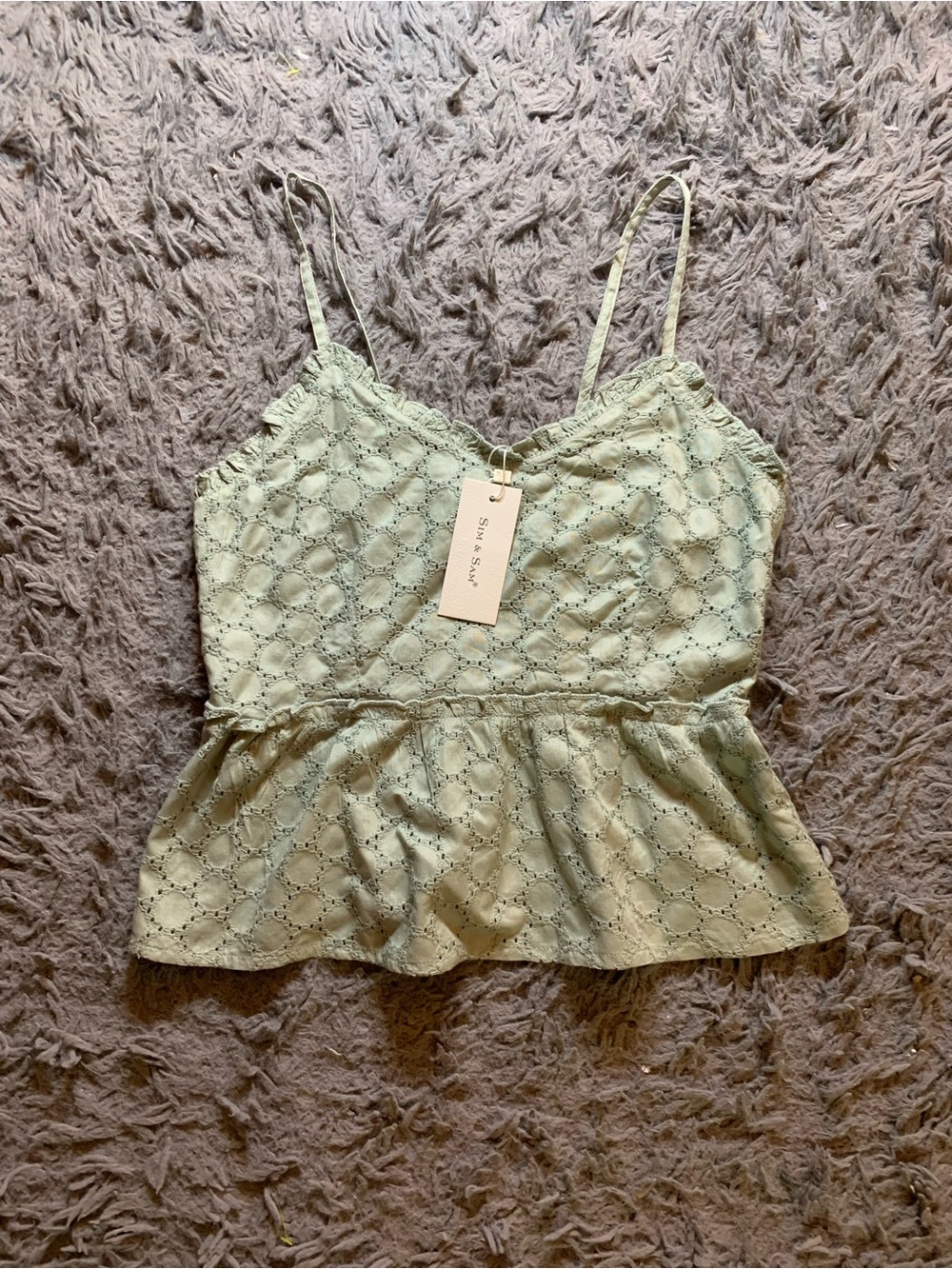 NWT Sim and Sam sage green football embroidery eyelet babydoll tank top sz S